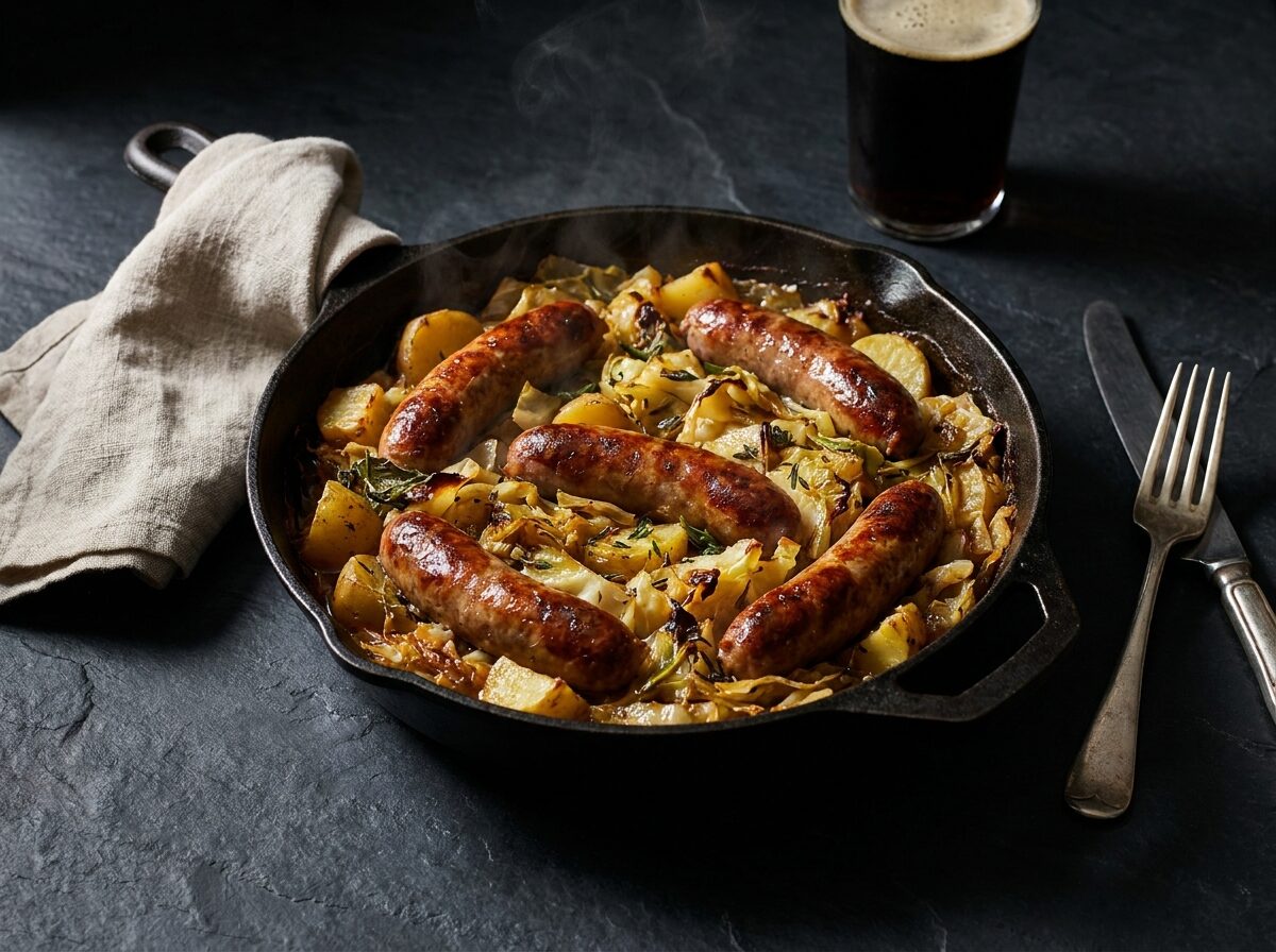 Cabbage and Sausage Casserole - Keto lunch recipe with 17.6g net carbs. Low carb ketogenic lunch meal.