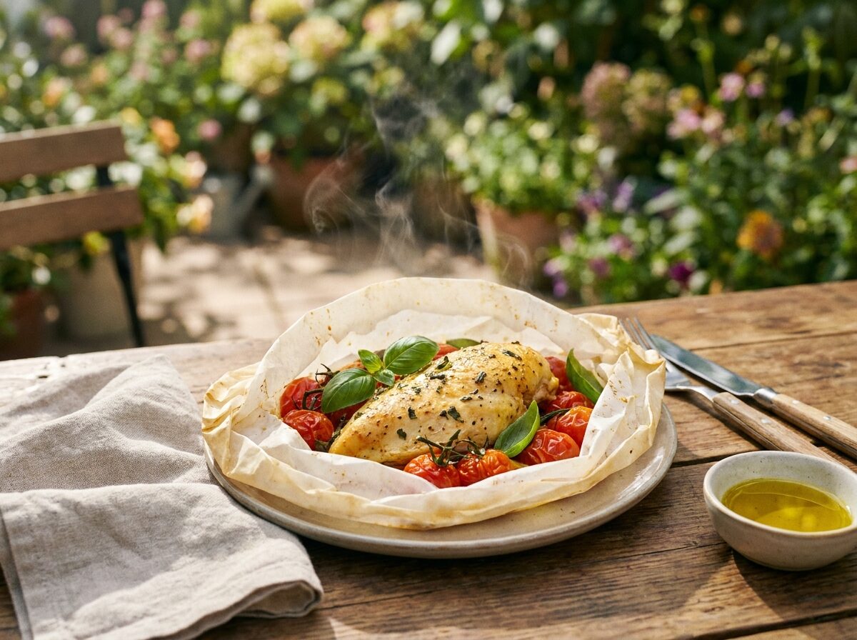 Chicken En Papillote With Basil and Cherry Tomatoes - Keto lunch recipe with 7g net carbs. Low carb ketogenic lunch meal.