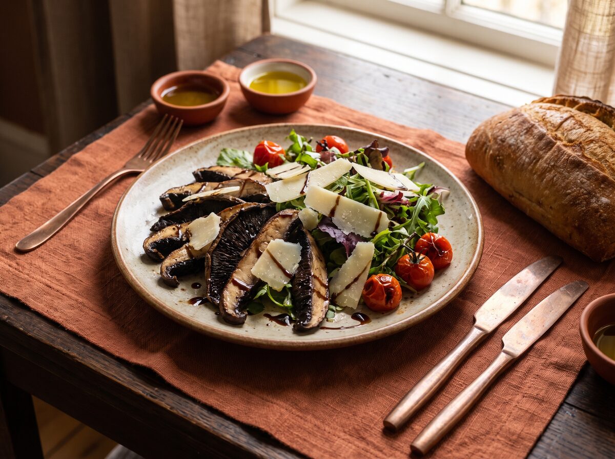 Grilled Portobello Salad With Shaved Parmigiano-Reggiano - Keto lunch recipe with 4.7g net carbs. Low carb ketogenic lunch meal.