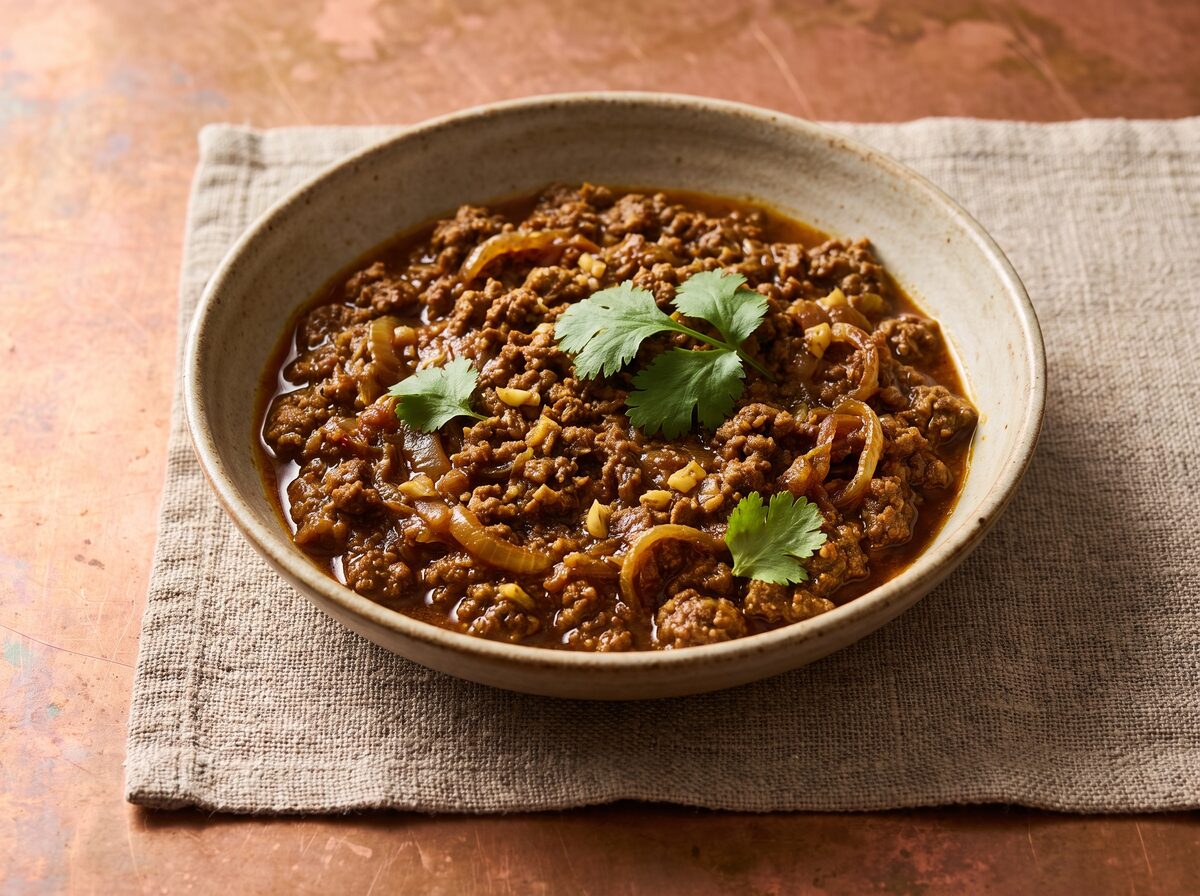 Indian-Spiced Ground Beef Main Dish - Keto lunch recipe with 7.5g net carbs. Low carb ketogenic lunch meal.