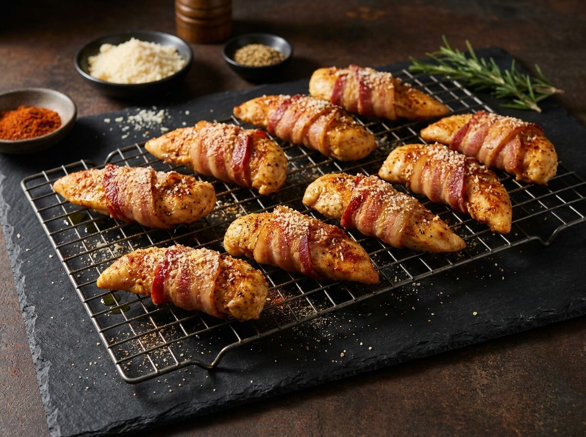 Keto Bacon Wrapped Chicken Tenders with Parmesan - Keto dinner recipe with 1g net carbs. Low carb ketogenic dinner meal.