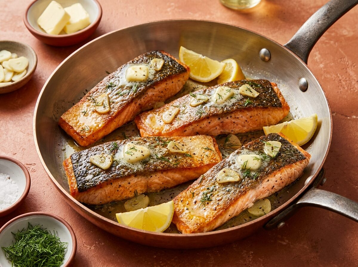Keto Buttery Pan Fried Salmon - Keto dinner recipe with 0.5g net carbs. Low carb ketogenic dinner meal.