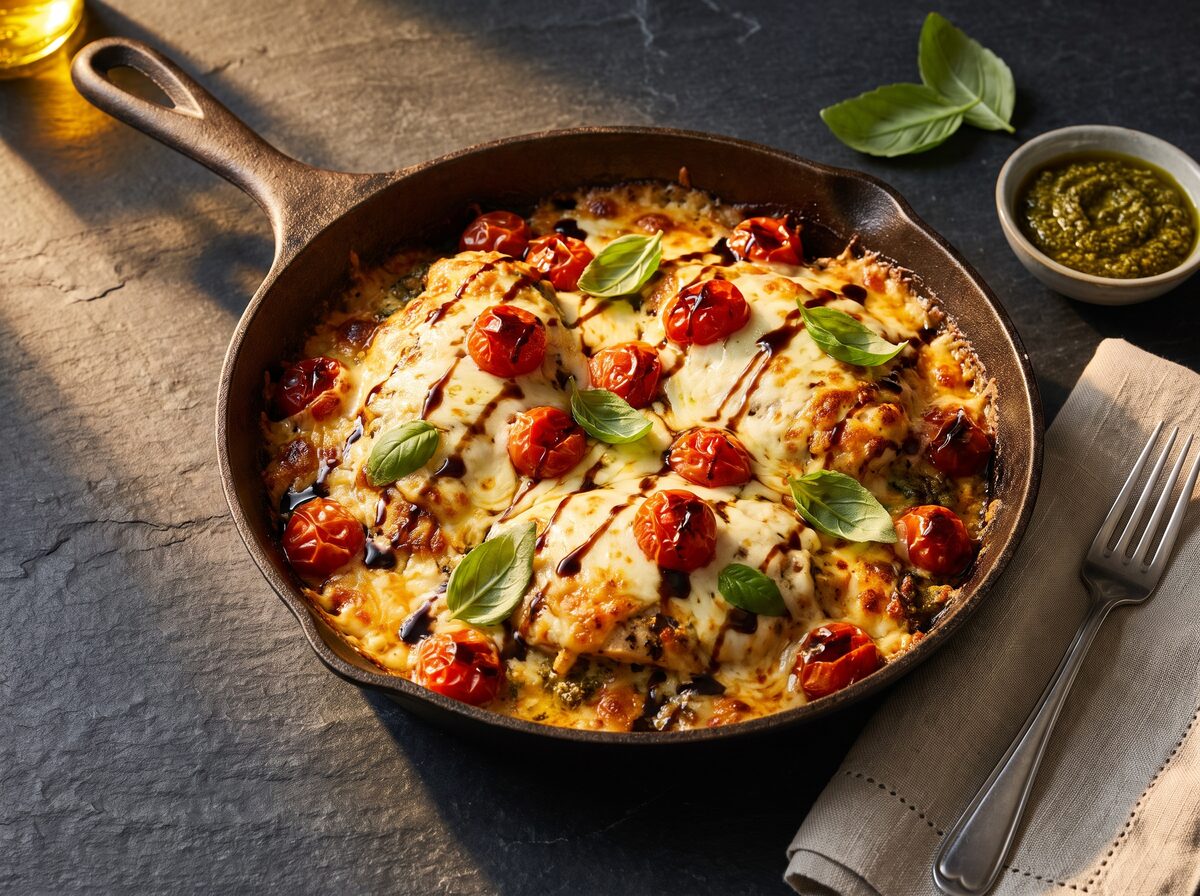 Keto Caprese Chicken Bake - Keto dinner recipe with 3.5g net carbs. Low carb ketogenic dinner meal.