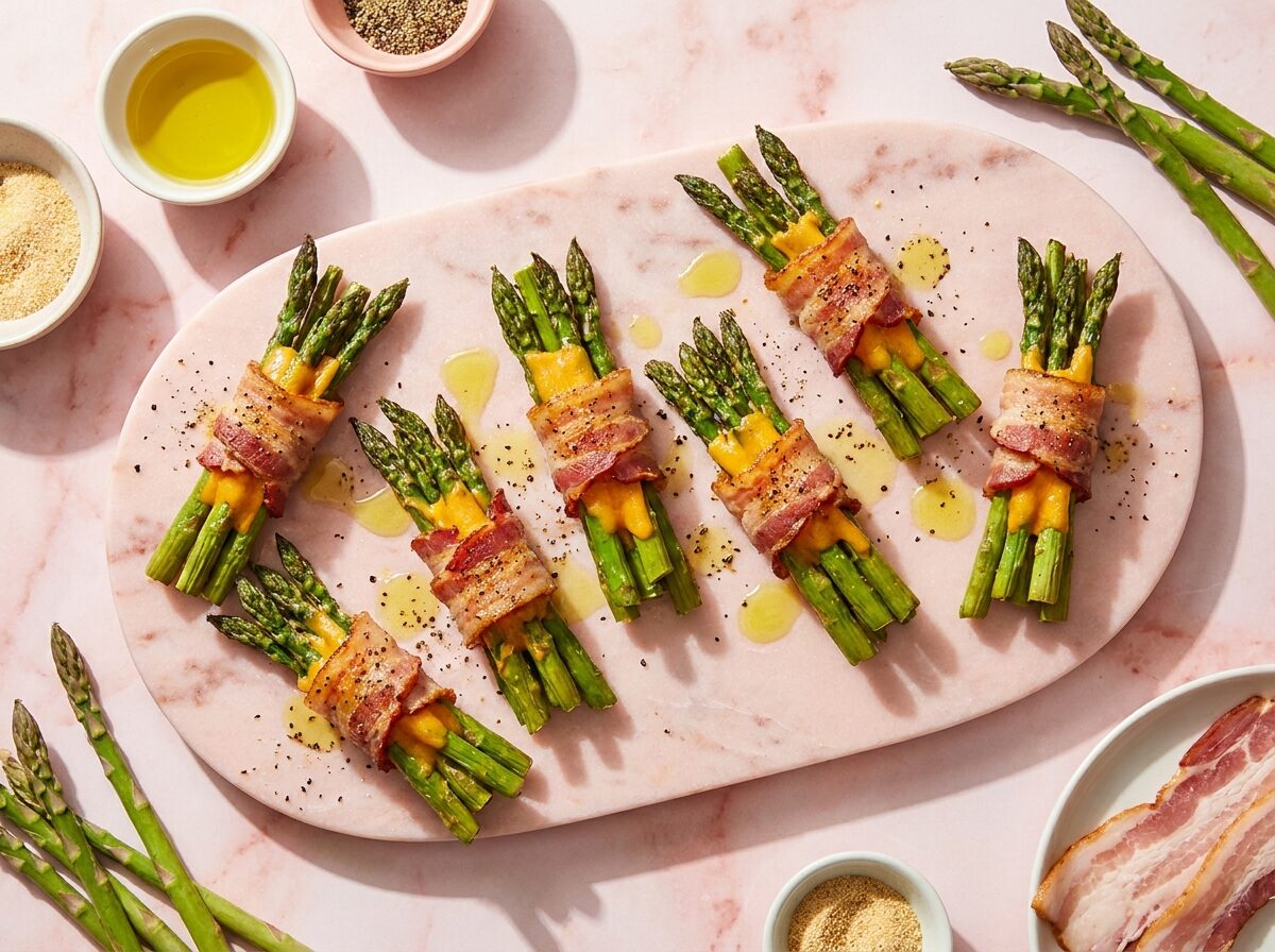Keto Cheddar Bacon Wrapped Aspargus Bundles - Keto dinner recipe with 0.6g net carbs. Low carb ketogenic dinner meal.