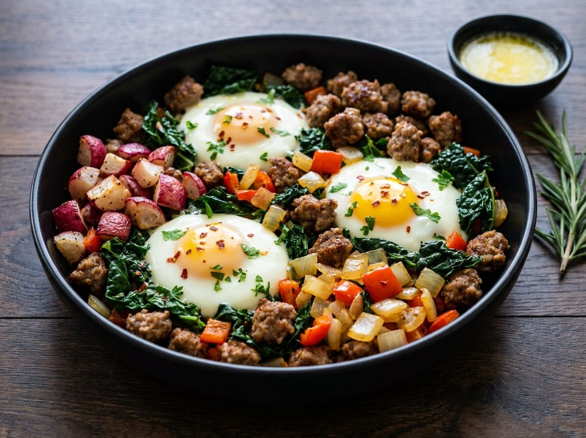 Keto Christmas Breakfast Hash - Keto dinner recipe with 9.7g net carbs. Low carb ketogenic dinner meal.