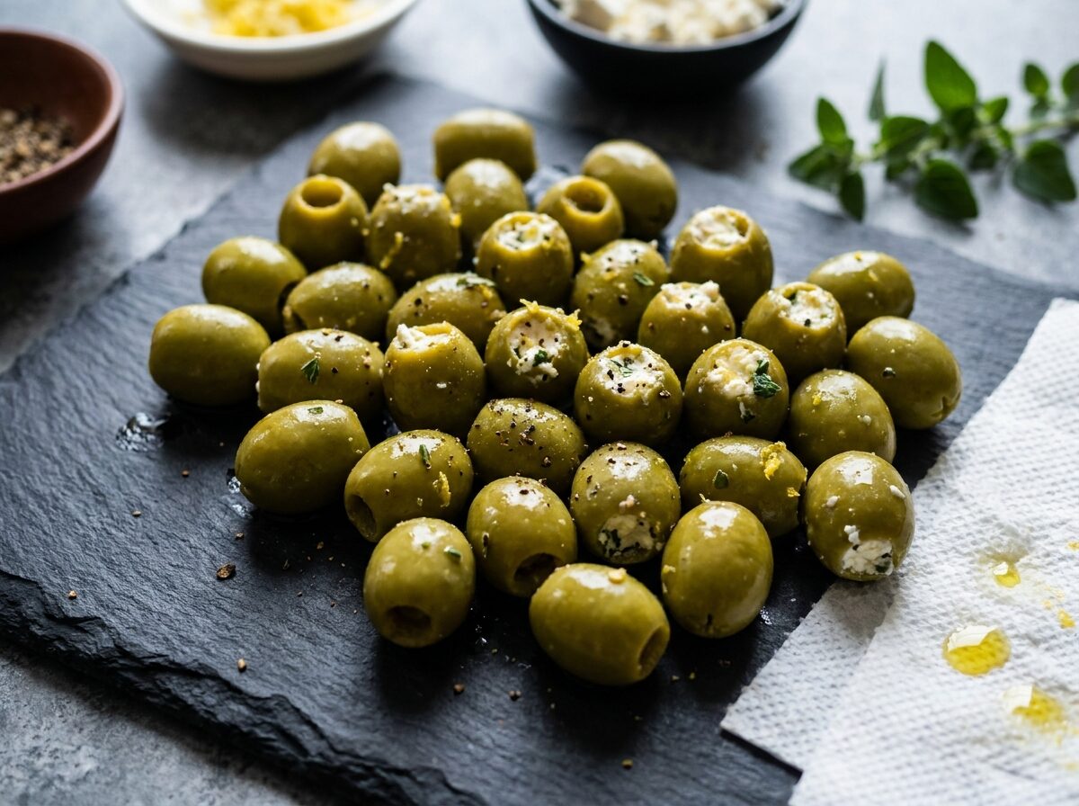 Keto Feta Stuffed Olives - Keto dinner recipe with 0.8g net carbs. Low carb ketogenic dinner meal.