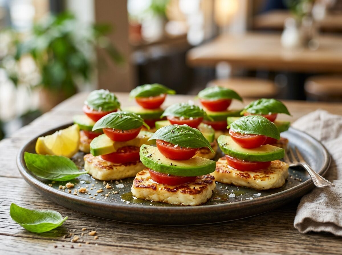 Keto Halloumi Snack Stack - Keto dinner recipe with 5.3g net carbs. Low carb ketogenic dinner meal.