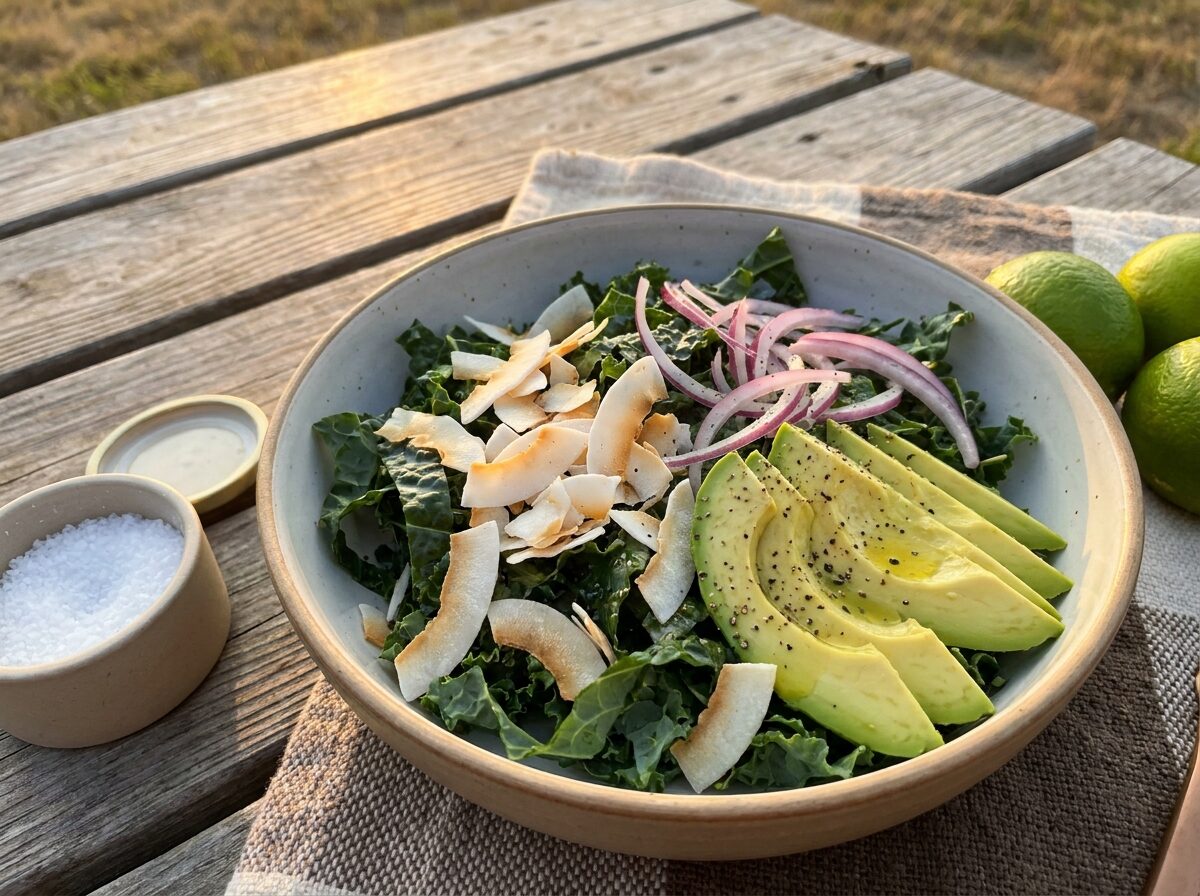 Keto Kale and Coconut Salad - Keto dinner recipe with 2.7g net carbs. Low carb ketogenic dinner meal.