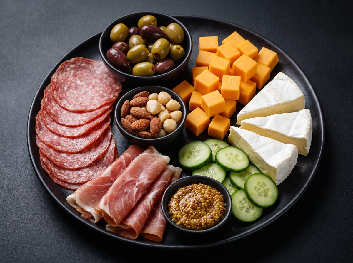 Keto Meat + Cheese Board - Keto dinner recipe with 2.1g net carbs. Low carb ketogenic dinner meal.