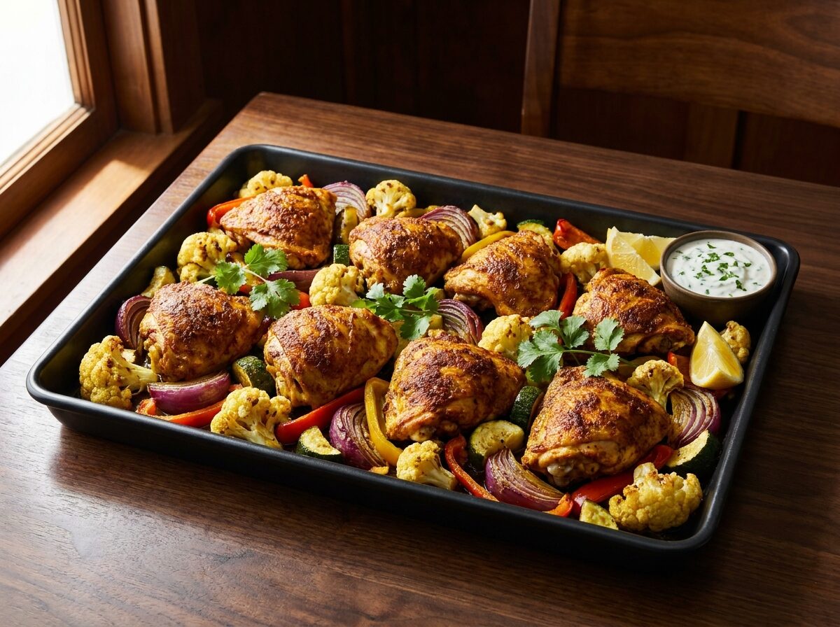 Keto Moroccan Curry Chicken Sheet Tray Dinner - Keto dinner recipe with 7.4g net carbs. Low carb ketogenic dinner meal.