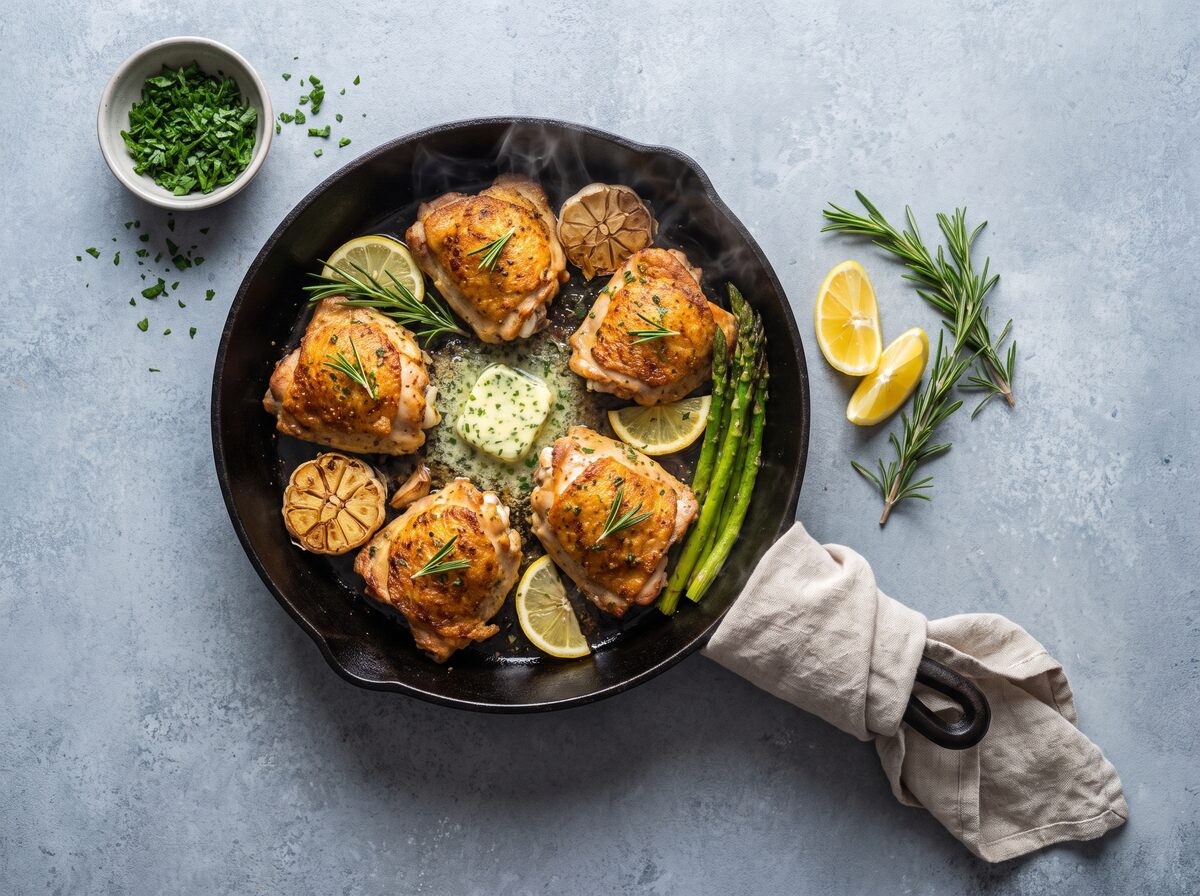 Keto One Pan Garlic Butter Chicken Thighs - Keto dinner recipe with 1.6g net carbs. Low carb ketogenic dinner meal.