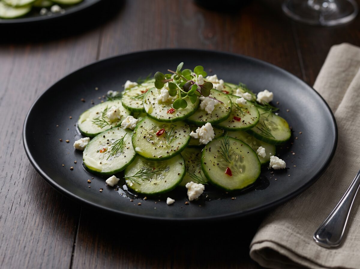 Keto Peppery Cucumber Salad - Keto dinner recipe with 2.9g net carbs. Low carb ketogenic dinner meal.