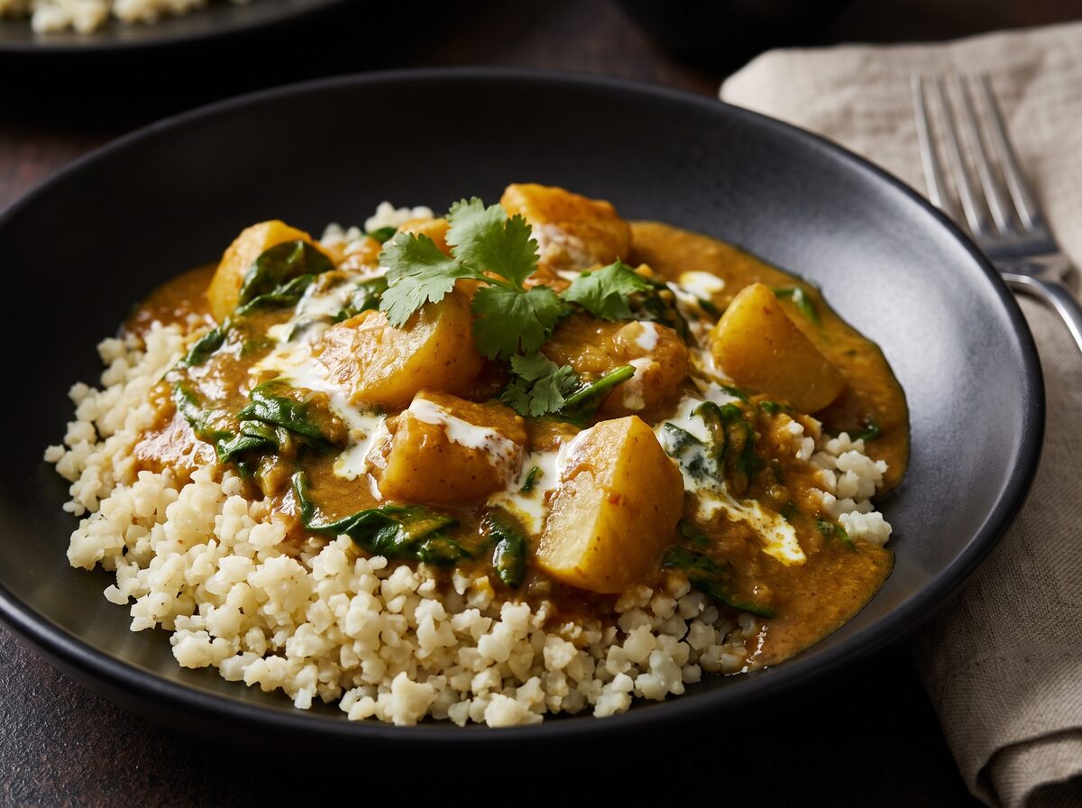Keto ‘Potato’ And Spinach Curry - Keto dinner recipe with 5.2g net carbs. Low carb ketogenic dinner meal.