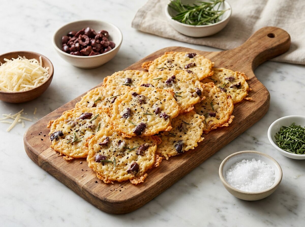 Keto Rosemary And Olive Parmesan Crisps - Keto dinner recipe with 1.8g net carbs. Low carb ketogenic dinner meal.