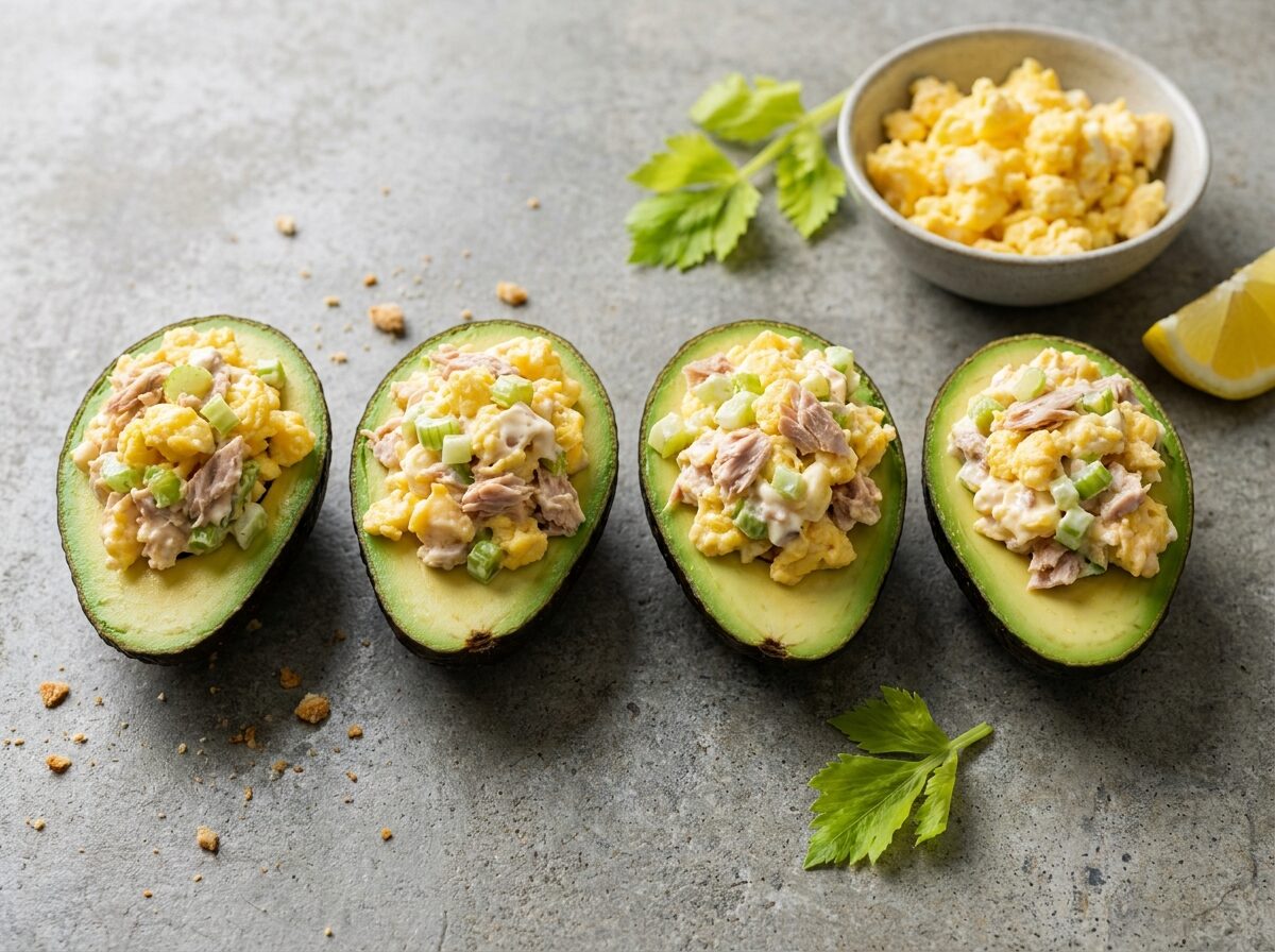 Keto Scrambled Egg and Tuna Avocado Boats - Keto dinner recipe with 2.5g net carbs. Low carb ketogenic dinner meal.