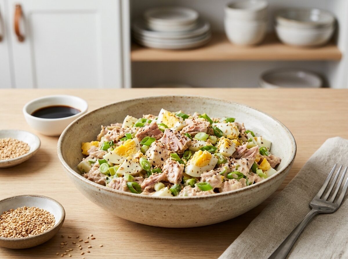 Keto Sesame Tuna and Egg Salad - Keto sides recipe with 1.6g net carbs. Low carb ketogenic sides meal.
