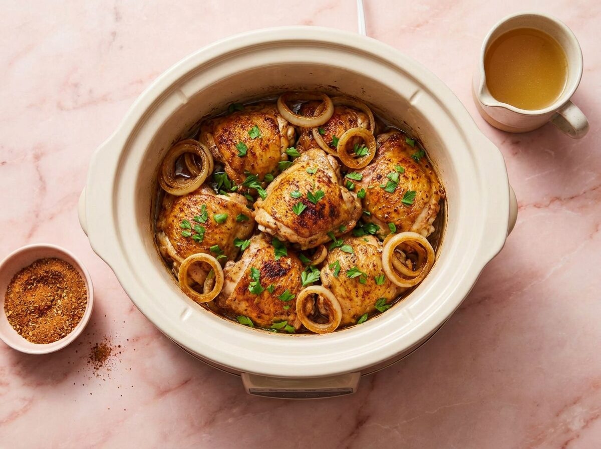 Keto Smoky Crockpot Chicken Thighs - Keto dinner recipe with 3.2g net carbs. Low carb ketogenic dinner meal.