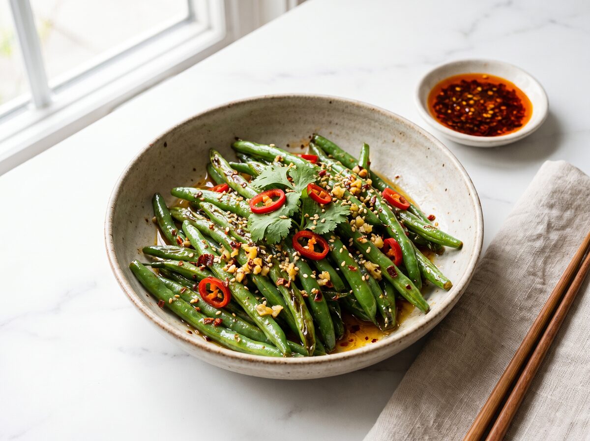 Keto Spicy Ginger Green Beans - Keto dinner recipe with 3.3g net carbs. Low carb ketogenic dinner meal.
