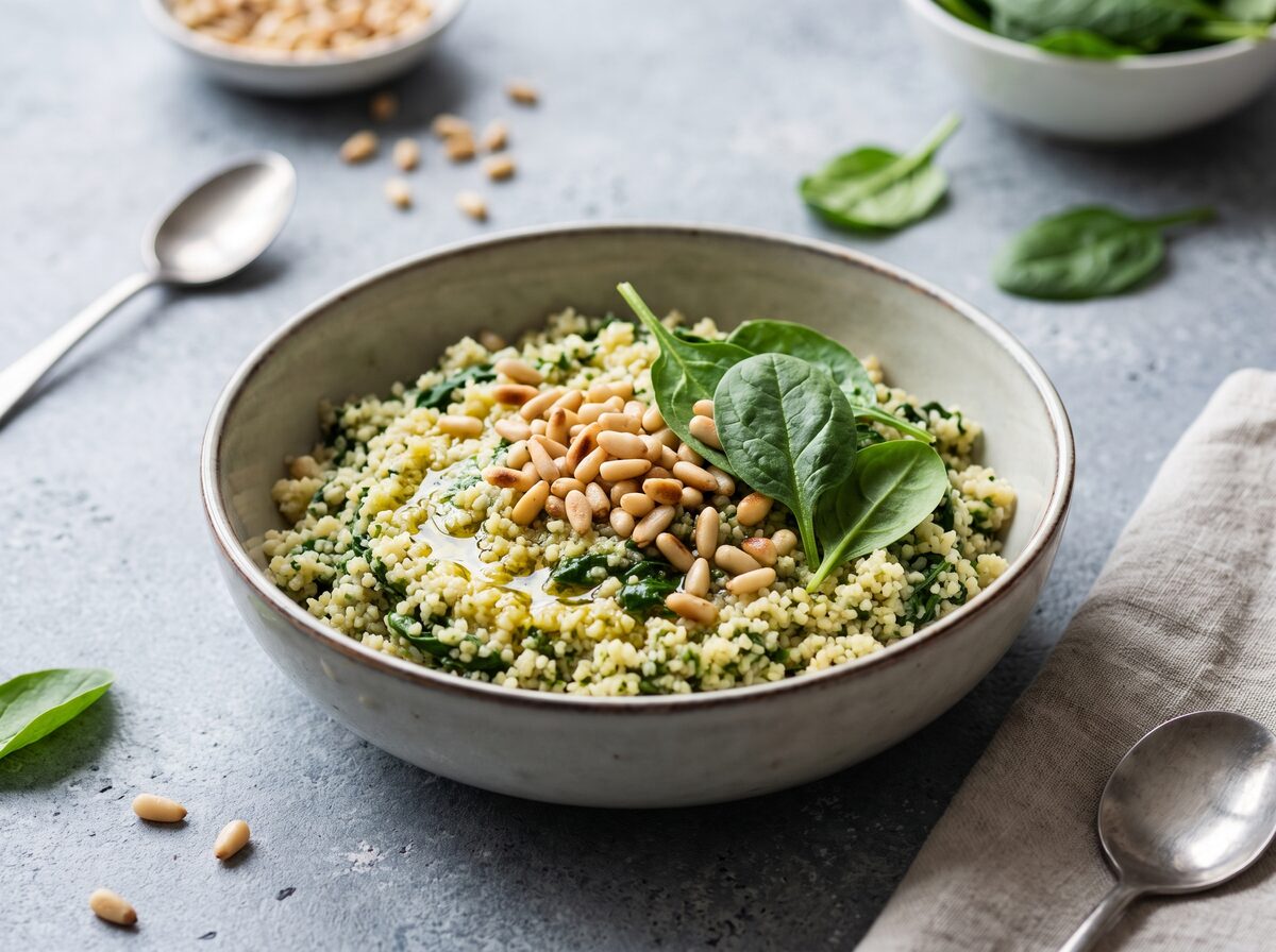 Keto Spinach and Pine Nut Couscous - Keto dinner recipe with 4.8g net carbs. Low carb ketogenic dinner meal.