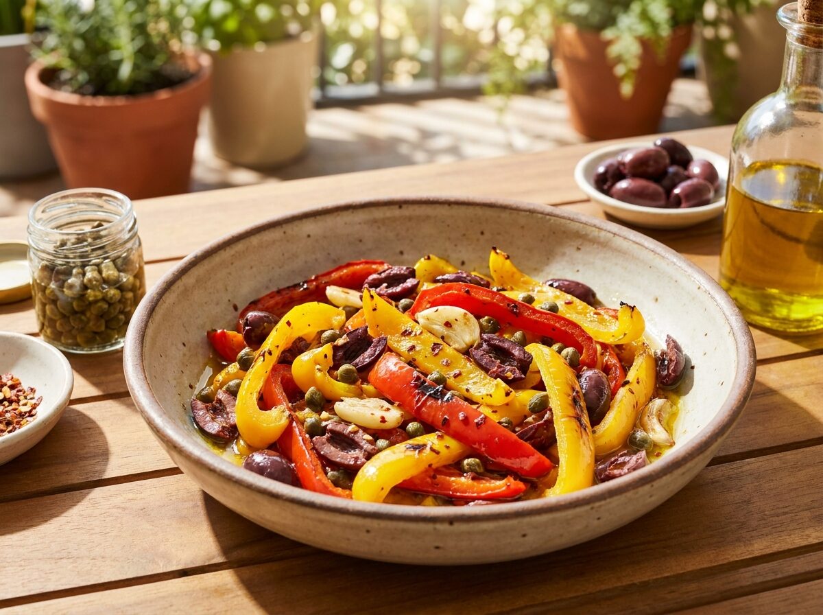 Keto Stir Fried Bell Peppers with Capers and Olives - Keto dinner recipe with 3.6g net carbs. Low carb ketogenic dinner meal.