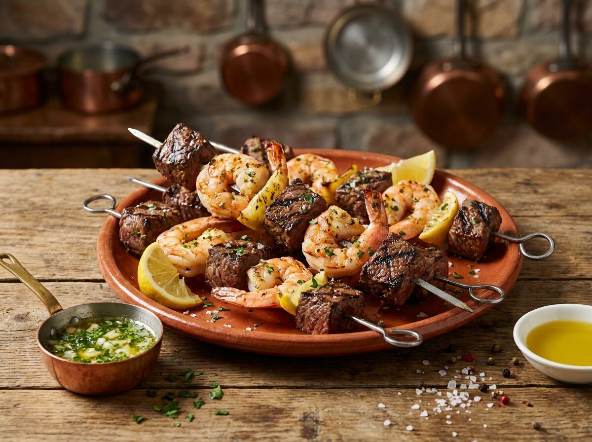 Keto Surf 'N' Turf Skewers - Keto dinner recipe with 1.3g net carbs. Low carb ketogenic dinner meal.