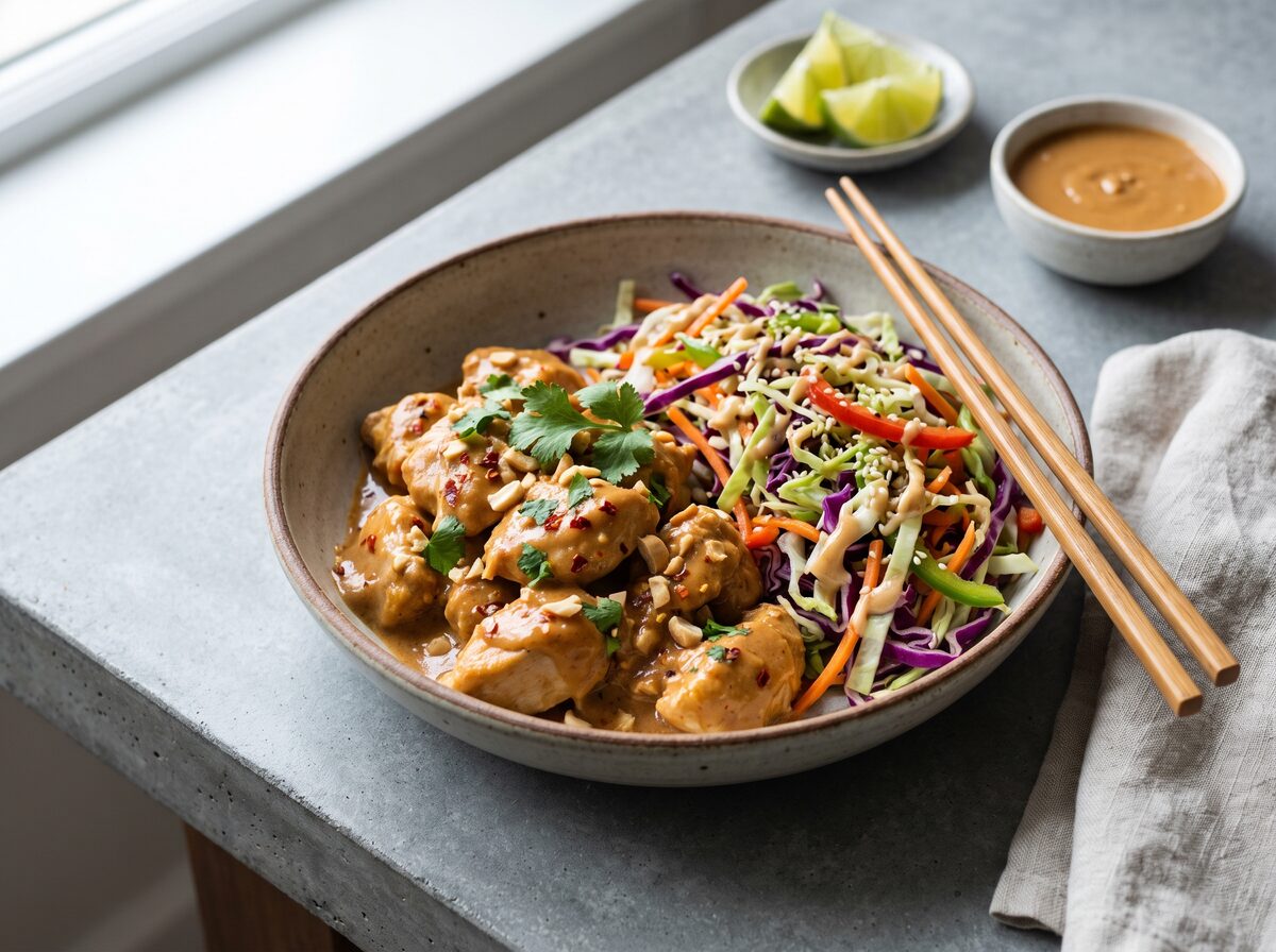 Keto Thai Spicy Peanut Chicken With Asian Slaw - Keto lunch recipe with 4.1g net carbs. Low carb ketogenic lunch meal.