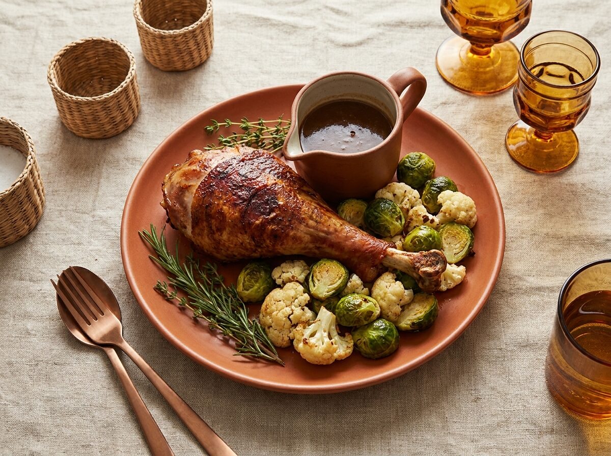 Keto Thanksgiving Turkey Leg And Gravy - Keto dinner recipe with 6.6g net carbs. Low carb ketogenic dinner meal.