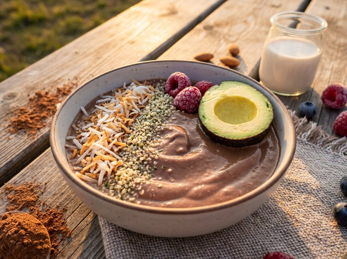 Keto Vegan Avocado Protein Smoothie Bowl - Keto dinner recipe with 10.5g net carbs. Low carb ketogenic dinner meal.