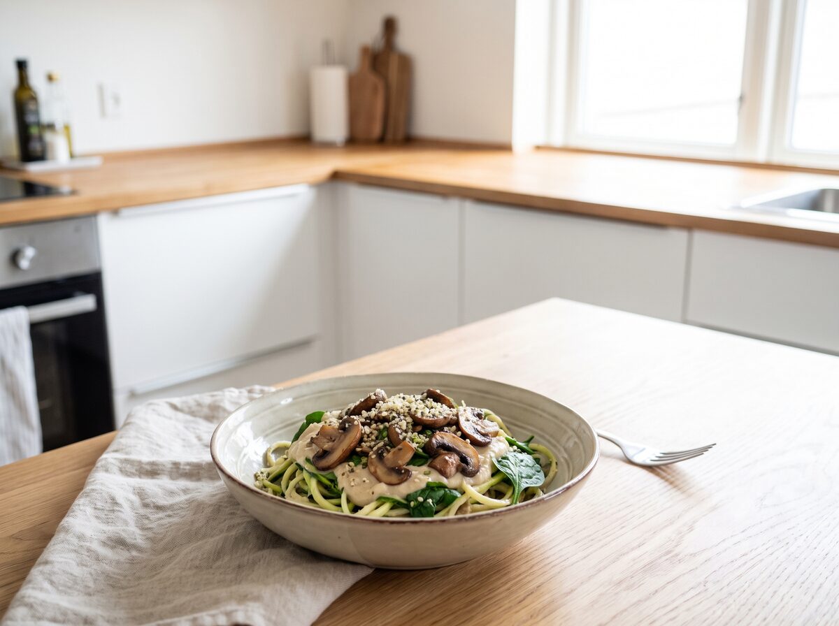 Vegan Mushroom Spinach Spaghetti | Keto Pasta | 4.4g Carbs - Easy keto recipe with 4.4g net carbs. Perfect for beginners on ketogenic diet.