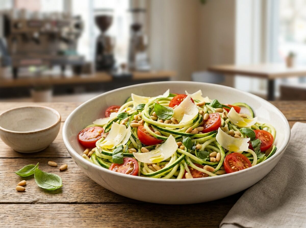 Keto Zucchini Noodle Salad - Keto dinner recipe with 4.3g net carbs. Low carb ketogenic dinner meal.