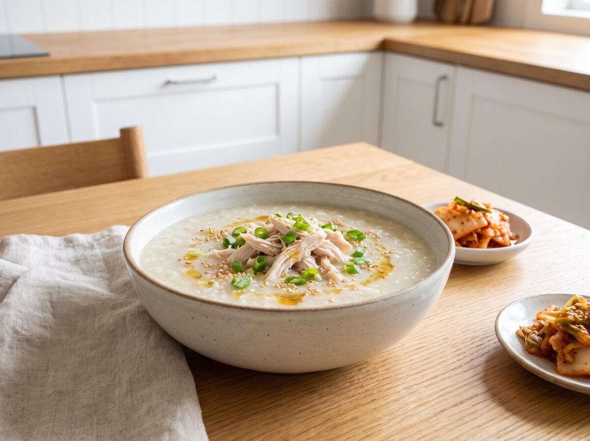 Korean Dak Juk (Chicken Porridge) - Keto lunch recipe with 4.4g net carbs. Low carb ketogenic lunch meal.