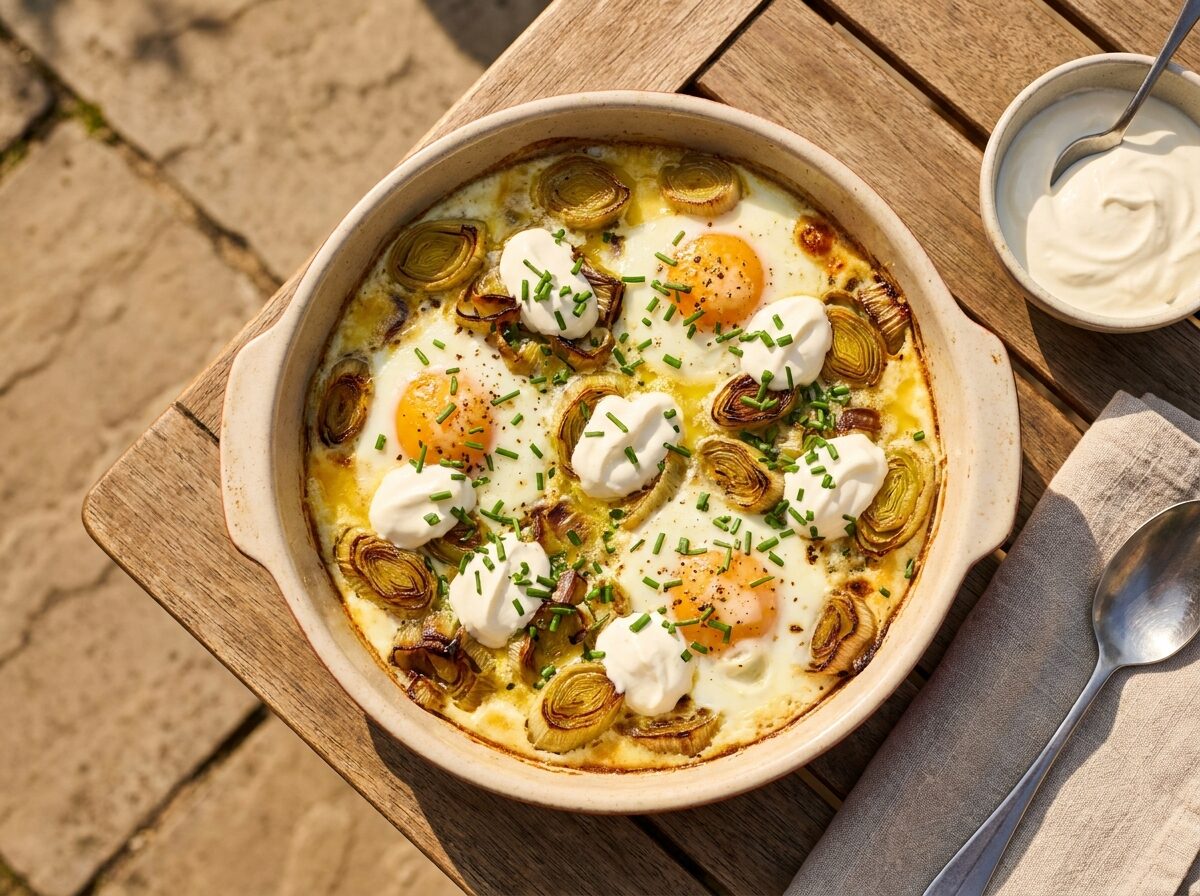Low Carb Baked Eggs With Leeks And Crème Fraiche - Keto dinner recipe with 5.7g net carbs. Low carb ketogenic dinner meal.
