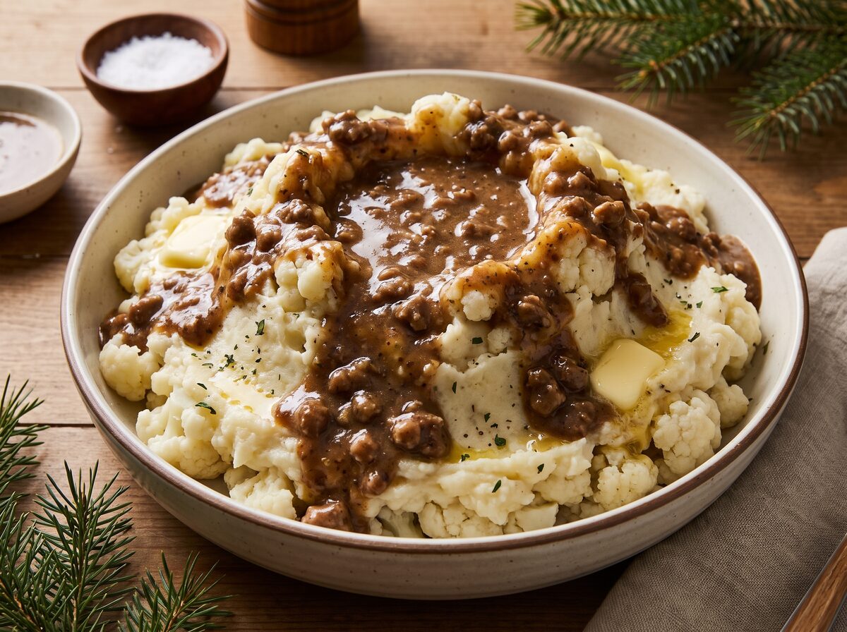 Low Carb Loaded Gravy Volcano Mashed Potatoes - Keto dinner recipe with 9.6g net carbs. Low carb ketogenic dinner meal.