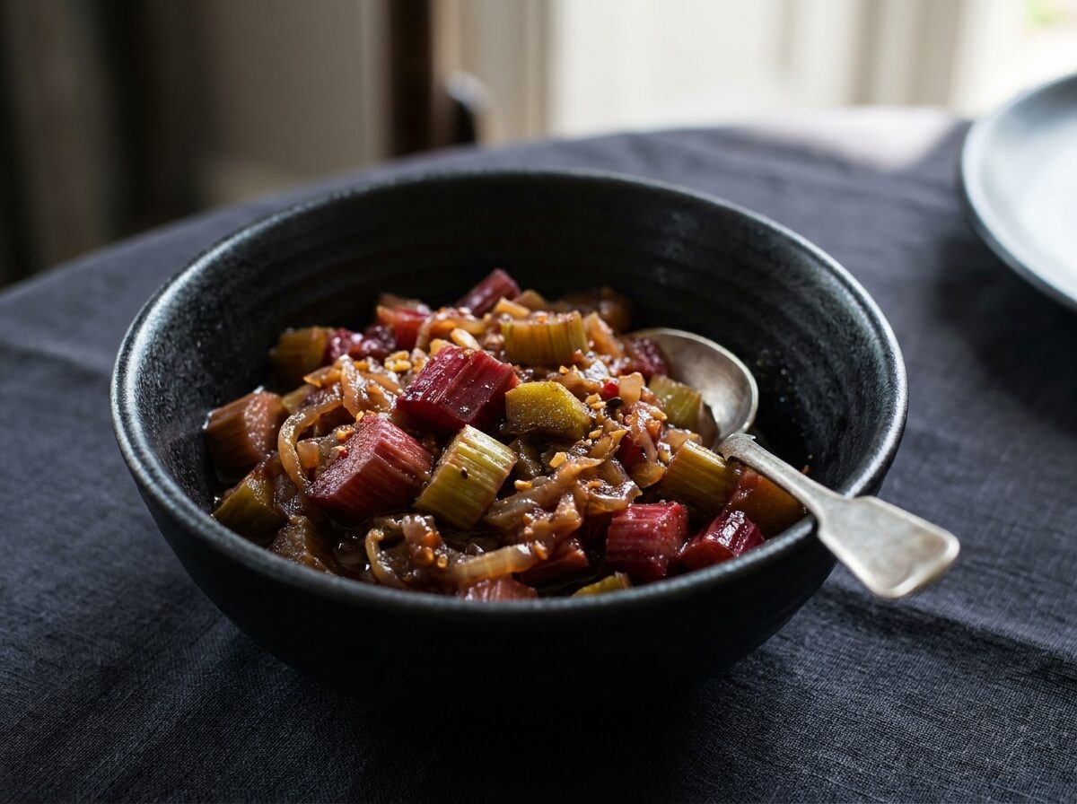 Low Carb Rhubarb Chutney - Keto dinner recipe with 2.5g net carbs. Low carb ketogenic dinner meal.