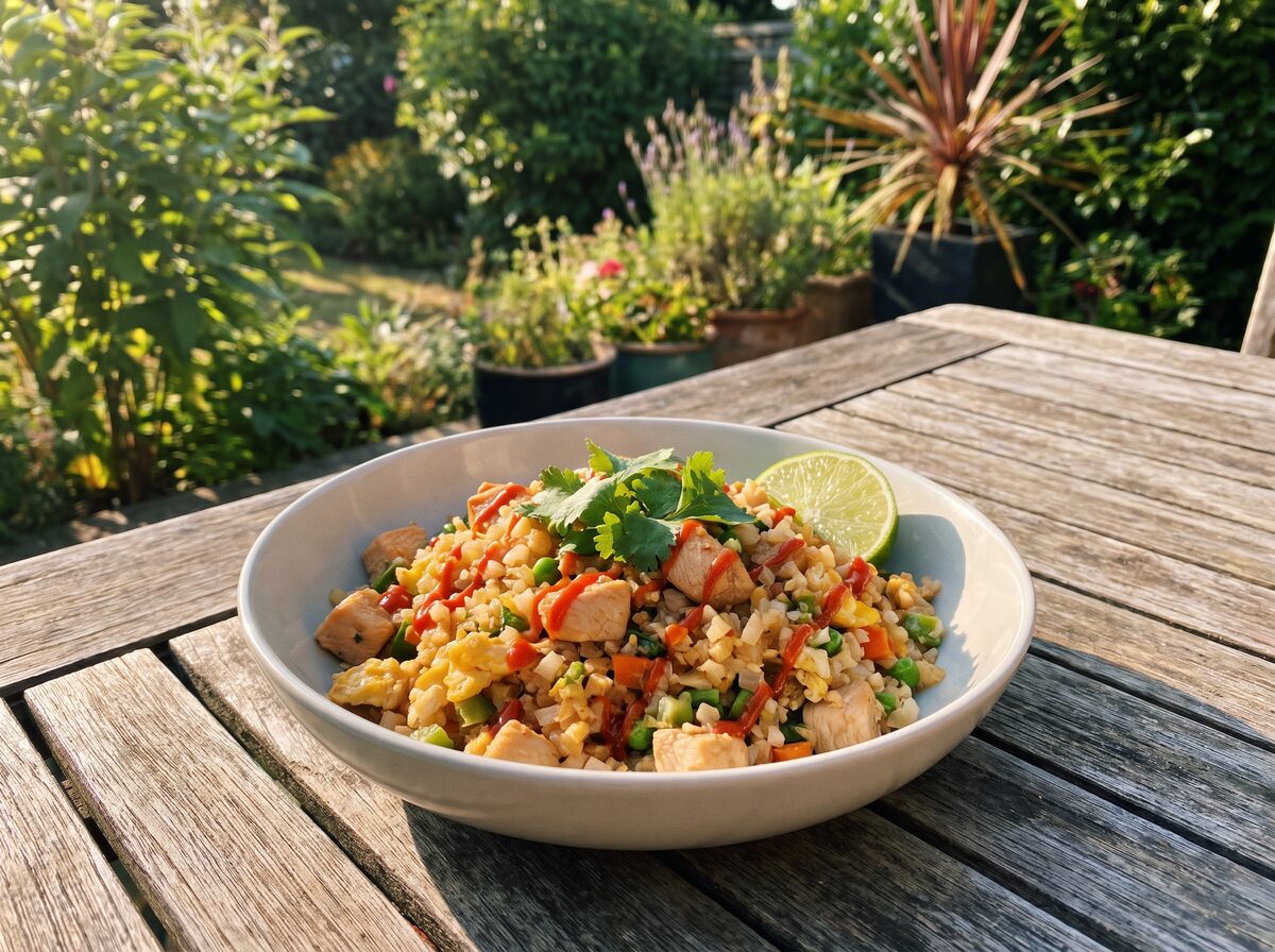 Low Carb Sriracha Chicken Fried Rice - Keto lunch recipe with 7.3g net carbs. Low carb ketogenic lunch meal.