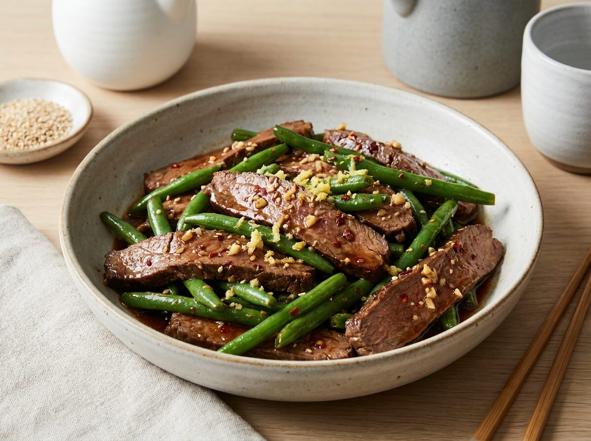 Low Carb Steak and Green Bean Stir Fry - Keto dinner recipe with 6.7g net carbs. Low carb ketogenic dinner meal.