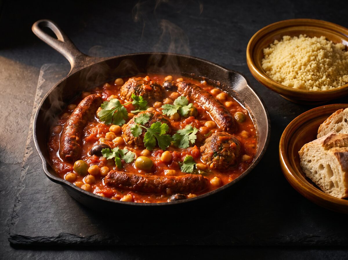 Moroccan kofte and sausage stew - Keto lunch recipe with 6g net carbs. Low carb ketogenic lunch meal.