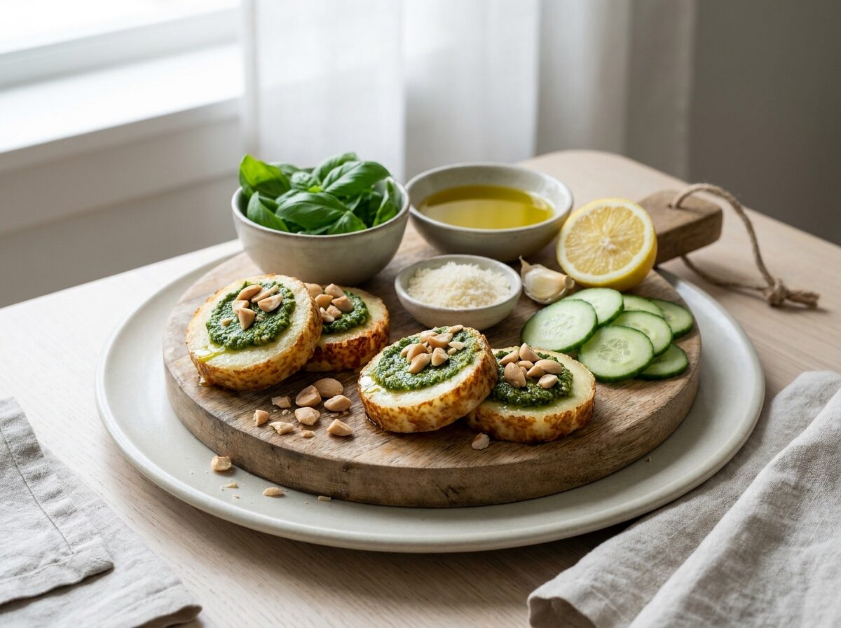 pesto + manchego + marcona almond - Keto dinner recipe with 1g net carbs. Low carb ketogenic dinner meal.