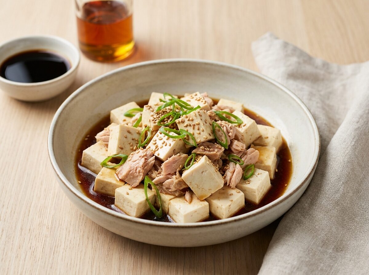 Tuna and Tofu Cold Dish - Keto snacks recipe with 1.9g net carbs. Low carb ketogenic snacks meal.
