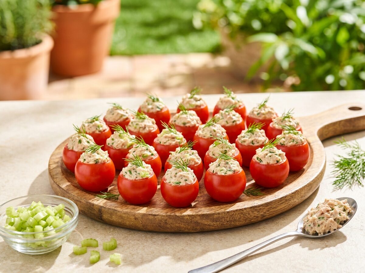 Tuna Stuffed Cherry Tomatoes - Keto sides recipe with 1.3g net carbs. Low carb ketogenic sides meal.