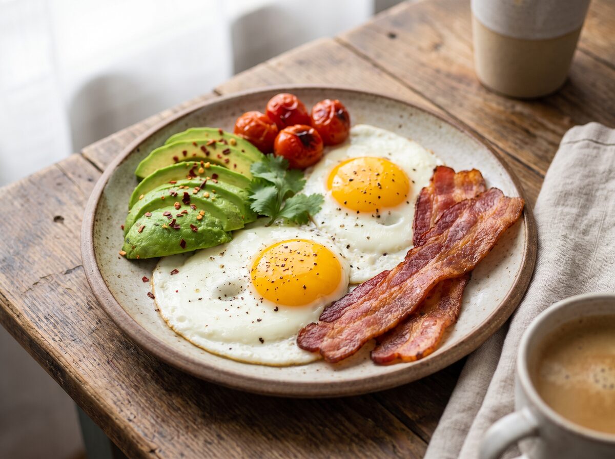 Your Basic Low Carb Breakfast - Keto breakfast recipe with 7.2g net carbs. Low carb ketogenic breakfast meal.